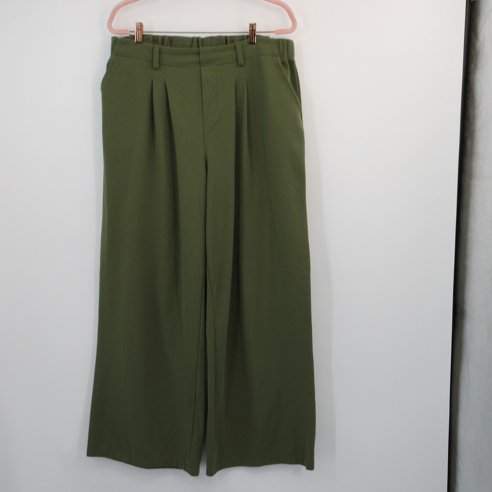 Halara Olive Green Waffle Knit Wide Leg Pleated Trousers Pants XL Tall High Rise